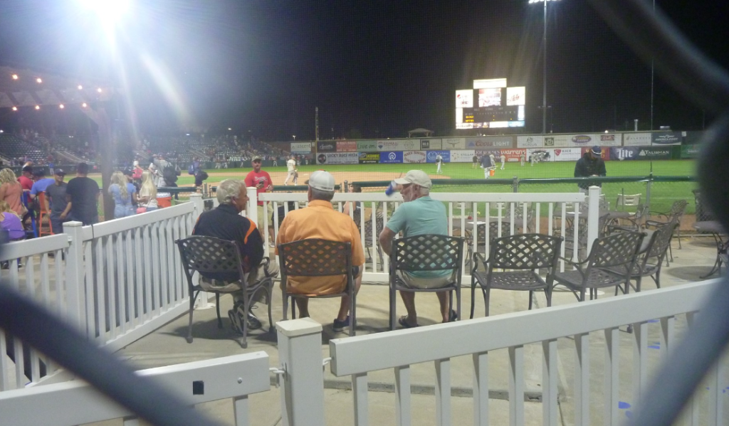 A beautiful night at the baseball park, Vaughn Belliston, Mike Thomas, and Charlie Hammond enjoying the game.